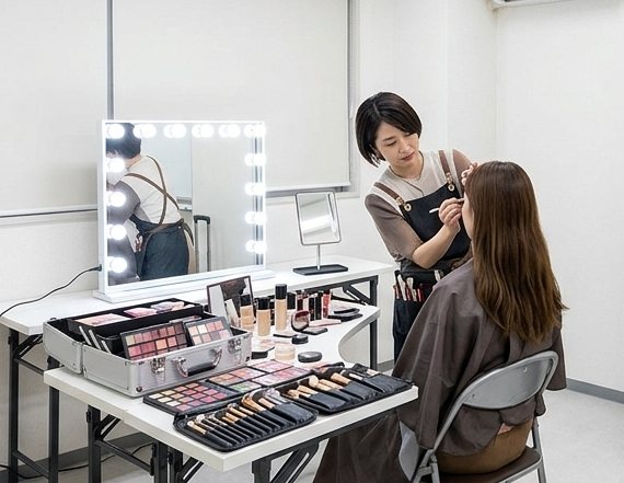 ライト付きミラーとメイク道具を並べてメイクをする様子